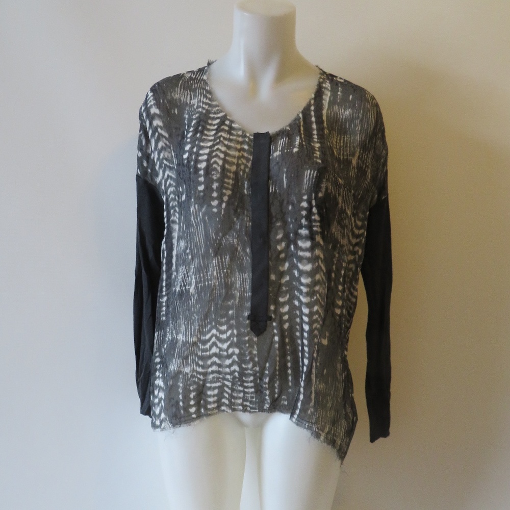 WOMENS GO SILK GRAY/WHITE 100% SILK BLOUSE SZ S*